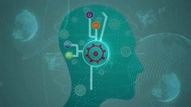 Gökyüzü kafasında parlayan kırmızı dişliler, yayılan çizgiler ve ağı temsil eden simgeler. Teknoloji, yenilik, bağlantı, dijital, geleceksel, veri, sistemler