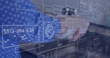 Su akışını başlatmak için dönen musluk sapı ve sağlık için veri kaplamaları altında ellerini ovuşturan bir kadın. Modern, hijyen, teknoloji, sağlık, minimalizm, dijital, sağlık