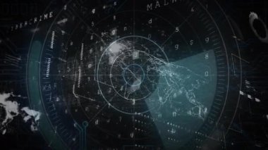 Kıvrımlı tarama ışını dünyayı tararken aynı zamanda kodları da tarıyor ve UYARI CYBERCRIME alarmlarını yanıp söndürebiliyor. Siber güvenlik, dijital, izleme, yüksek teknoloji, küresel, veri, arayüz