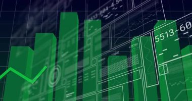 Ortaya çıkan çok çizgili sol kenar 3D bar çizelgesinin üzerine düşüyor ve finansal veriler ortaya çıkıyor. Bilgi grafikleri, veri görselleştirmesi, dijital analitik, 3D grafikler, finansal grafikler, fütüristik, teknolojik tasarım