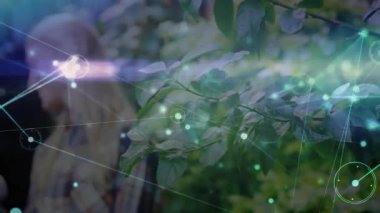 Ağ örtüsü bir yana bırakılarak bahçıvanlık yapan kadınların çalıları beslemek için su kabını eğdiğini gösteriyor. Bağlantı, sürdürülebilirlik, açık hava, bahçecilik, büyüme, çevre dostu, doğa