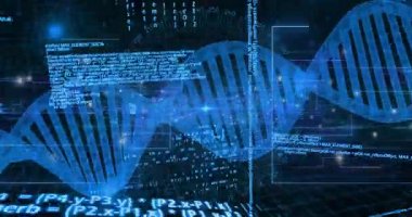 Parlayan sarmal dönmeye başlıyor, kod panelleri içeri akıyor, titreşen fişekler dijital DNA 'yı canlandırıyor. Gelecek, teknoloji, veri, dijital, soyut, bilim, yenilikçi