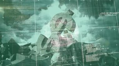 Başlangıç için ızgara keskinleştirme ve kod kaydırma ile parlayan ok simgesi ortaya çıktığında. Fütürist, teknoloji, dijital, soyut, yenilik, siber, arayüz