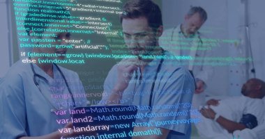 Veri analiz ediliyor, tıp uzmanları okul ortamında görüntü örtüsü kullanıyor. Sağlık, teknoloji, işbirliği, eğitim, takım çalışması