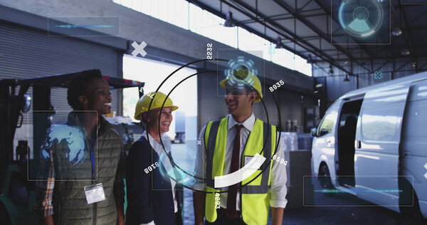Team in hard hats and vest touring loading bay inside warehouse, with forklift and pallets. Industrial, logistics, safety, teamwork, efficiency, construction, management