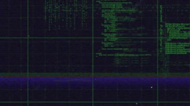 Yeşil ızgara başlatılıyor. Kaydırma kodu ile ortaya çıkıyor ve matris yağmuruna dönüşüyor. Siber güvenlik, dijital alarm, animasyon, teknoloji, veri, fütüristik, hareketli grafikler