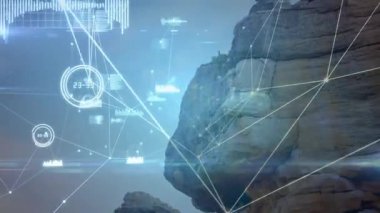 Teknoloji uçurum tarama kılavuzu tırmanışçı yukarı tırmanıyor ve araştırma için veri ışınları yayıyor. Macera, keşif, engebeli, manzara, fütüristik, yenilik, açık hava