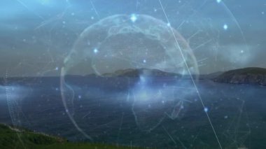 3 boyutlu küre doğuya doğru dönmeyi tetikler, darbe düğümleri ağ haritalandırması için verileri günceller. Futuristik, teknoloji, küresel, dijital, veri görselleştirme, ağ, yenilik