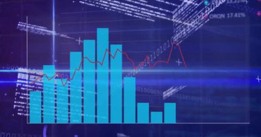 Turkuaz çizelge çubukları yükseliyor ve kırmızı çizgi çift haneli rakamları kaydırıyor ve kod sürükleniyor. Fütürist, analitik, dijital, teknoloji, gösterge paneli, görselleştirme, soyut