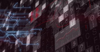Gösterge panelinde kırmızı paneller dalgalanan grafik, mavi devre okları olan matris ızgarası görülüyor. Gelecekçi, teknolojik, siber, yenilik, analitik, dijital, ağ