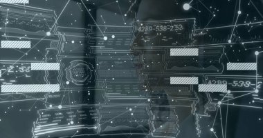 Veri tabloları ve grafiklerle ağ bağlantıları üzerine dijital arayüz. Teknoloji, analitik, fütüristik, sanal, yenilik