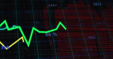 Yeşil çizgi grafiğinin görüntüsü kırmızı ve mavi şebekeye göre% 65 artıyor. Finans, büyüme, başarı, artış, grafik, grafik