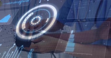 Doctors showing medical device under floating scan overlay exchanging components updating readings. Holographic, innovation, collaboration, futuristic, technology, diagnostics, healthcare