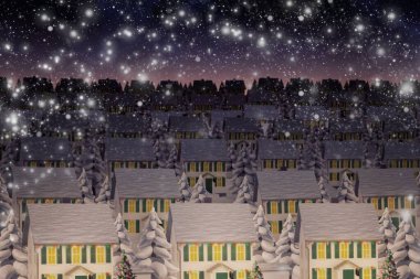 Düz dizaynlı kış alacakaranlığında parlayan pencere ve çam ağaçlarıyla karla kaplı evler gösteriliyor. Banliyö, kış, tatil, şenlikli, huzurlu, rahat, manzara