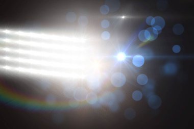 Karanlık stüdyoda parlayan LED ışık dizisini gösteren vektör illüstrasyonu, yıldız patlaması mercekleri yaratıyor. Sinematografi, aydınlatma, soyut, fütüristik, canlı, teknoloji, atmosfer