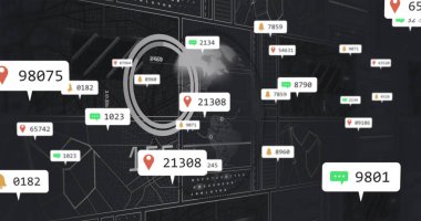 21308 'i dijital gösterge panelinde veri açılır pencereleri ve pin simgeleriyle gösteren merkez baloncuk gösteriliyor. Kontrol paneli, veri görselleştirme, analitik, teknoloji, kullanıcı arayüzü, bilgi yönetimi, arayüz tasarımı