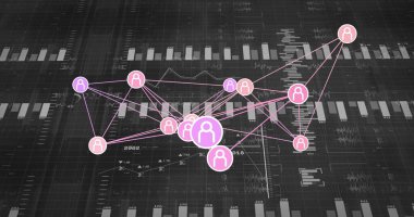 Bağlı dairesel kullanıcı simgelerini çubuk çizelgesi segmentleriyle birlikte koyu pano ızgarasında göstererek. Teknoloji, veri, analitik, dijital, görselleştirme, ağ, yenilik
