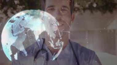 Doktor gülümsüyor, hologramı çalıştırıyor küresel sağlık ağını gösteren parlak yaylarla Dünya 'yı döndürüyor. Sağlık, yenilik, teknoloji, işbirliği, sürdürülebilirlik, bağlantı, ilerleme