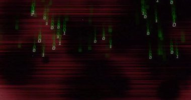 Kırmızı statik arka plan bozuluyor. Yeşil çift haneli basamaklar başlıyor. Veri akışını temsil ediyor. Siber, dijital, fütüristik, soyut, teknoloji, akış, hareket