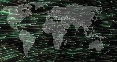 Işık akımları harita genişletmeye başlıyor, küresel harita sınırları çiziyor ve veri akışını gösteren uğursuzluk desenleri var. Teknoloji, veri, dijital, ağ, bağlantı, yenilik, soyut