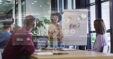 Sunucu işaretleyiciyi açıyor ve grafiklerle birlikte iş toplantısında pasta grafiği verilerini netleştiriyor. İşbirliği, analitik, yenilik, teknoloji, takım çalışması, strateji, profesyonel