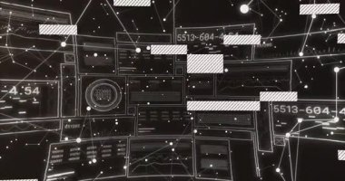 Başlangıç düğümlerinde eğri paneller oluşturarak veri çubuklarını kaydırarak kodları savuruyor ve veri ağını görselleştiriyor. Teknoloji, veri, görselleştirme, dijital, ağ, fütüristik, arayüz