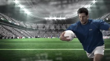 Yakalayıcı beyaz top, rugby oyuncusu projektörlerin altında koşuyor ve gol çizgisini geçiyor. Sporcu, stadyum, aksiyon, rekabet, spor, kararlılık, adrenalin