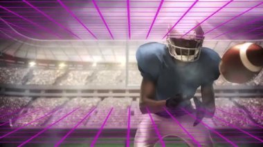 Mavi üniformalı koşucu, futbolu neon şebekeden yakalıyor, defans oyuncusu topu durduruyor. Sporcu, yarışma, dijital, spor, eylem, oyun, enerji