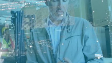 Depo kurşun dinleme cihazı ve işlevini onaylayan animasyon çizelgeleri kullanarak tanı koymaya başla. Teknoloji, veri analizi, sanayi, lojistik, dijital görselleştirme, takım çalışması, üretkenlik