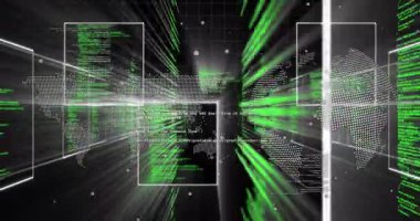 3D ızgaradan başlayarak, dünya haritası parlıyor, neon-yeşil pencereler tünelde yüzüyor. Siber uzay, animasyon, teknoloji, veri, fütürizm, girdap, dijital
