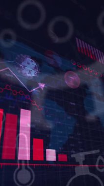 Covid 19 ikon ve istatistiklerinin animasyonu dünya haritasında olayları gösteriyor. Küresel koronavirüs Covid 19 salgın konsepti dijital olarak oluşturulmuş görüntü.