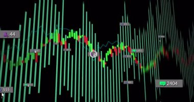 Başlangıçta yükselen yeşil çubuklar, çizelge sarma, patlayan rozetler, veri eğilimlerini gösteren işaretçi süpürme. Analizler, görselleştirme, dijital, arayüz, monitör, ön panel, finans