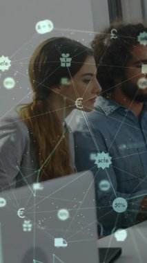 Animation of network with connections and data processing over diverse business people. Global connections, business, finance, computing and data processing concept digitally generated video.