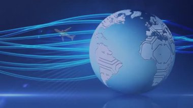 Cyan patikalarından yükselen altın kuş dönen kıta kürelerine doğru uçuyor. Teknoloji, yenilik, bağlantı, dijital, gelecek, iletişim, küresel