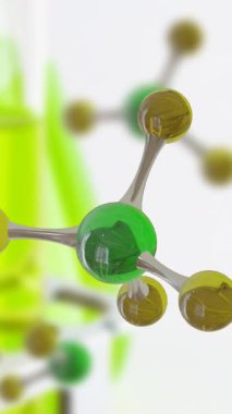 Beyaz zemin üzerinde mikro molekül modelleri ve laboratuvar deney şişeleri animasyonu. Küresel bilim, araştırma ve bağlantılar konsepti dijital olarak oluşturulmuş video.