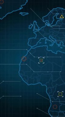 Dünya haritasının animasyonu ve kara arkaplan üzerindeki bağlantı ağı. Küresel teknoloji, bağlantılar, hesaplama ve dijital arayüz kavramı dijital olarak oluşturulmuş video.