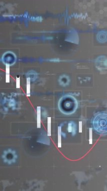 Gri arkaplandaki yuvarlak tarayıcıların ve veri işlemlerinin animasyonu. Bilgisayar arayüzü ve iş veri teknolojisi kavramı