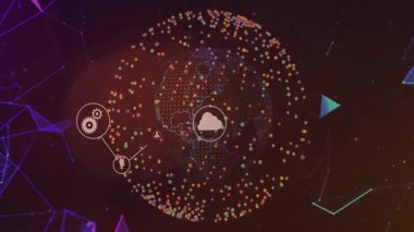 Küre oluşturma ve solgunlaşan başlangıç simgeleri ağ haritasında görünür, bağlanır ve yerleşir. Geometrik, geleceksel, bağlantı, teknoloji, yenilik, dijital, siber