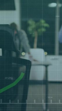 Animation of financial data processing with green line over caucasian businesswoman in office. Global business, finance, computing and data processing concept digitally generated video.