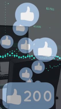 Sayıları değiştirme animasyonu ve beyaz arkaplana karşı simgeler, grafikler, sandalye, masaüstü. Dijital bileşik, çoklu pozlama, rapor, iş dünyası, sosyal medya, ofis ve teknoloji kavramı.