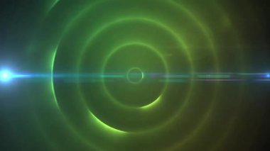 Yeşil parlayan daireler, genişleyen titreşimli renkler, mavi alevler süpüren çerçeve. Soyut, fütüristik, dinamik, enerji, aydınlatma, canlı, dijital