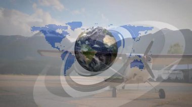 Gecikmeli düzlemde sabit kaldıktan ve harita solduktan sonra küresel dönüşler hava bağlantısını temsil eder. Havacılık, ulaşım, bağlantı, teknoloji, keşif, navigasyon, küresel