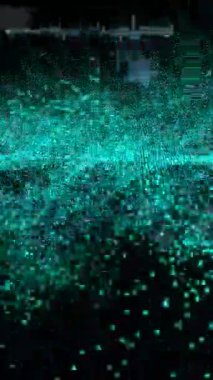 Siyah arka plandaki veri işleme üzerinde mavi noktaların animasyonu. Işık, şekiller, renkler ve hareket konsepti dijital olarak oluşturulmuş video.