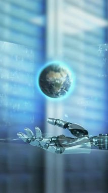 Sunucu odasındaki dünya ve robot el animasyonu. küresel bağlantılar, dijital arayüz ve teknoloji konsepti dijital olarak oluşturulmuş video.