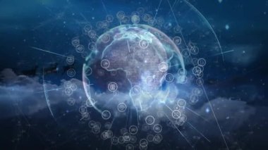 Şebeke etkinleştirmesinde 3D küresel ağı gösteren uçan uçakları birbirine bağlayan ikonlar ortaya çıkıyor. Holografik, teknoloji, fütüristik, dijital, bağlantı, veri, ağ