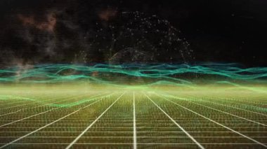 Yıldız alanı arka planında verileri görselleştiren turkuaz dalgalar ve titreşim düğümleri oluşturmaya başlayın. Fütürist, dijital, soyut, holografik, siber, uzay, teknoloji