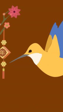 Kahverengi üzerine kiraz çiçeği ve Çin feneri konmuş sinekkuşunun canlandırması. Çin Yeni Yılı, Kutlama, doğa ve mevsimsel olay konsepti dijital olarak oluşturulmuş video.