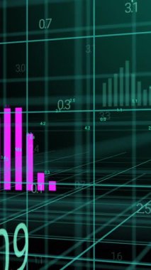 Pembe grafik ve veri işleme sisteminin 3 boyutlu animasyonu. Dijital olarak oluşturulmuş küresel iletişim, iş, finans ve veri arayüzü kavramı.