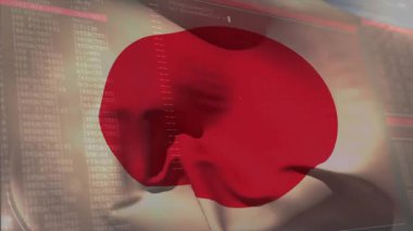 Dijital rüzgâr Japon bayrağını dalgalandırıyor. Kod arkaplan gösterisi fizik simülasyonuna karşı. Vatansever, teknoloji, hareket, animasyon, fütüristik, dinamik, soyut