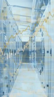 Animation of graphs and data processing over computer server room. Global communication, business, data and digital interface concept digitally generated video.